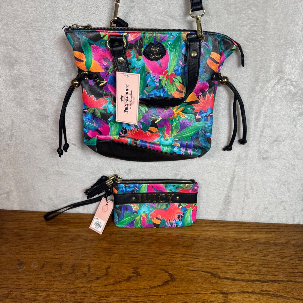 NWT Juicy Couture Tropical Print Purse Handbag and Wristlet Set Floral